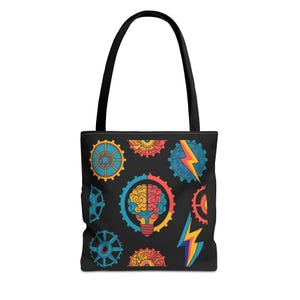 Bunte Einkaufstasche mit Zahnradmuster, lustige Einkaufstasche, umweltfreundliche wiederverwendbare Tasche, perfekt für Geschenke, nachhaltiges Modeaccessoire
