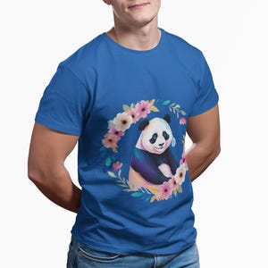 T-shirt unisex con stampa floreale a forma di panda, comoda maglietta casual, regalo ideale per gli amanti degli animali, abbigliamento per compleanni, moda estiva