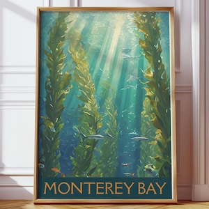Monterey Bay Aquarium Kelpwald Poster | Digitale Vektor-Illustration | Gouache-Stil Wandkunst | Ozean Natur Dekor | Druckbare Kunst