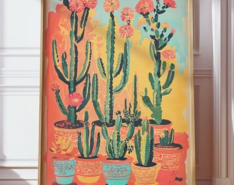 Vintage Mexican Cactus Art Print – Colorful Floral Wall Art, Traditional Latin Decor Poster, Boho Mexico Home Gift - Downloadable Cactus Art
