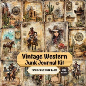 Vintage Western Junk Journal Kit | Vintage Cowboy Themed Kit | Shabby Chic Paper Craft Collage Sheet Ephemera for Scrapbook | 46 JPEG.