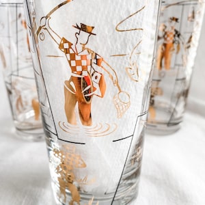 Vintage Libbey Highball Glasses: Gold Sports Design, MCM Barware - Set of 3