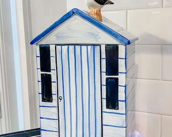 Mikasa Bar Harbor Beach Hut Cookie Jar | Blue White Coastal Ceramic Decor (2001)