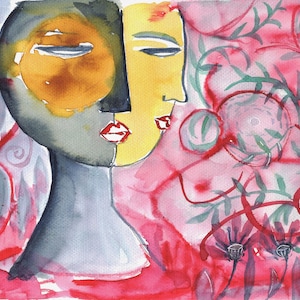 Abstract Dual Face Watercolor Print, Floral Surreal Portrait, Modern Wall Art, Digital Download