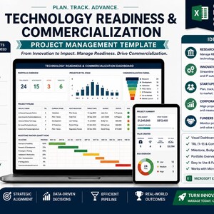 Pode incluir: Um modelo digital de gerenciamento de projetos para prontidão tecnológica e comercialização, exibido em um laptop e tablet. O modelo inclui painéis, gráficos e seções de visão geral do projeto. A imagem também inclui o texto "Built for Excel".