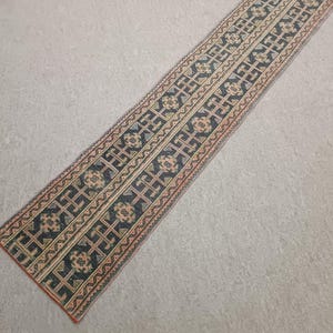 Pode incluir: Um tapete longo e estreito com um padrão geométrico. O tapete apresenta um fundo azul escuro com padrões repetidos em bege, rosa e verde. As bordas são finalizadas com uma borda rosa. Este tapete é adequado para um corredor ou entrada.