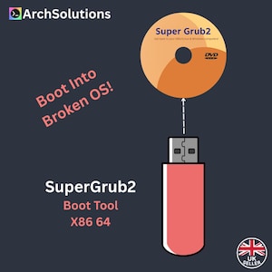 May include: A graphic showing a red USB drive linked to a DVD with "Super Grub2" on it. Text says "Boot Into Broken OS!" and "Boot Tool X86 64." The ArchSolutions logo is visible.