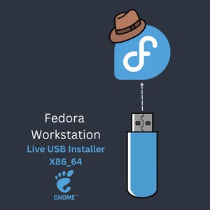 May include: A blue USB flash drive positioned below a blue Fedora logo wearing a brown fedora hat. Text reads: Fedora Workstation, Live USB Installer, X86_64, and the GNOME logo. The background is dark grey with a dashed arrow pointing upward.