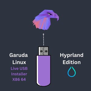 May include: A graphic with a purple USB drive, the text "Garuda Linux Live USB Installer X86 64", and "Hyprland Edition". An eagle graphic is above the drive, with a blue and teal drop icon.