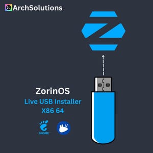 May include: A blue USB drive with a silver connector is connected to a blue hexagonal shape with a white arrow. The text reads "ZorinOS Live USB Installer X86 64" with the Gnome logo and a white rabbit logo on a dark blue background.