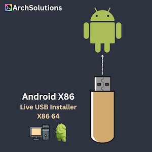 May include: An illustration showing a green Android robot above a USB drive. The text "Android X86 Live USB Installer X86 64" is displayed. The ArchSolutions logo is in the upper left corner.