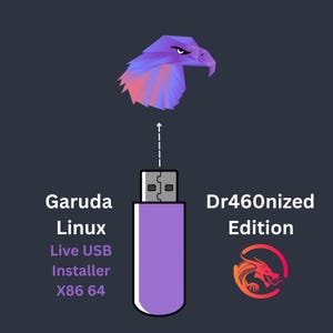 May include: A purple USB drive with the text "Garuda Linux Live USB Installer X86 64" and "Dr460nized Edition." Above the drive is a geometric eagle illustration. A red and orange dragon illustration is on the right.
