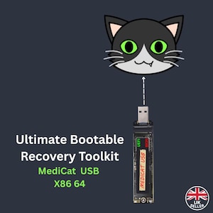 May include: A black USB flash drive labelled MEDICAT USB with UEFI and BIOS text, featuring a cartoon cat head graphic above it. The text reads Ultimate Bootable Recovery Toolkit, MediCat USB, and X86 64, with a small circular UK Seller badge.