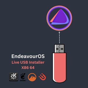May include: A red USB flash drive positioned below a circular purple and orange logo. Text reads EndeavourOS Live USB Installer X86 64. Below the text are four icons: a gear inside a square, a footprint, a mountain, and a U-shaped symbol.