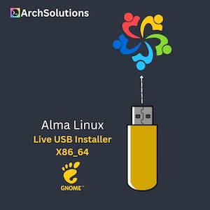 May include: A yellow USB drive connected to a multi-coloured graphic, with the text "Alma Linux Live USB Installer X86_64" and the Gnome logo. The ArchSolutions logo is in the top left corner, all on a dark background.