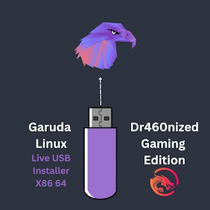 May include: A purple USB drive featuring the text "Garuda Linux Live USB Installer X86 64" and "Dr460nized Gaming Edition." An eagle graphic is above the drive, with a dragon logo below.