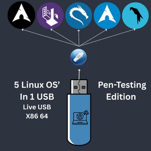 May include: A blue USB drive with a white USB connector and a white lock icon on a blue laptop screen. The text "5 Linux OS' In 1 USB Live USB X86 64" is on the left side of the image. The text "Pen-Testing Edition" is on the right side of the image. The USB drive is connected to five different coloured circles with different symbols. The symbols are a black and white A, a purple building, a blue dragon, a blue A, and a blue bird.