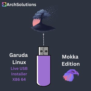 May include: A digital graphic featuring a purple USB drive with the text "Garuda Linux Live USB Installer X86 64" and "Mokka Edition". An illustration of a tree and a stylized eagle are also present.