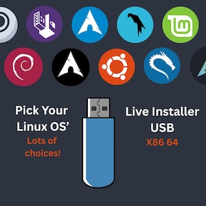 May include: A blue USB drive with a silver connector, surrounded by colourful circular logos. Text reads "Pick Your Linux OS' Lots of choices!" and "Live Installer USB X86 64". The background is dark grey.
