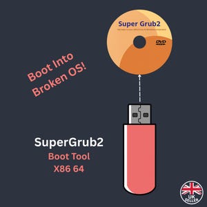 May include: A red USB flash drive positioned below a circular orange Super Grub2 DVD graphic. The text reads Boot Into Broken OS!, SuperGrub2, Boot Tool, and X86 64. A small circular logo with a Union Jack and the text UK SELLER is in the corner.
