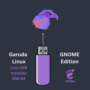 May include: A purple USB drive with the text "Garuda Linux Live USB Installer X86 64" and "GNOME Edition". Above the drive is a stylized eagle graphic, with an arrow pointing down to the USB.