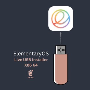 May include: A rose gold USB flash drive with a white icon featuring a rainbow-coloured letter e above it. The text reads ElementaryOS Live USB Installer X86 64 with a GNOME logo. The background is dark grey, and a dashed arrow points to the icon.