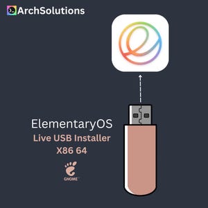 May include: A graphic showing a USB drive connected to a colourful swirl icon. Text reads "ElementaryOS Live USB Installer X86 64" and "GNOME". The ArchSolutions logo is in the top left corner.