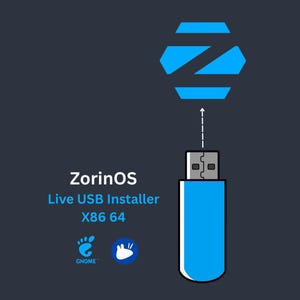 May include: A blue USB flash drive positioned below a blue Z-shaped logo. The text reads ZorinOS Live USB Installer X86 64, accompanied by a GNOME logo and a small blue circular icon. The design features a dashed arrow pointing from the drive to the logo.