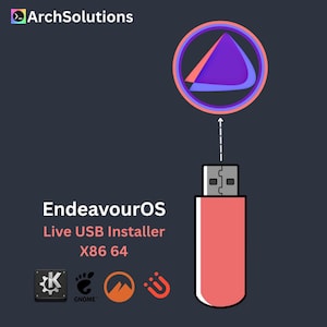 May include: A graphic with the ArchSolutions logo and the text "EndeavourOS Live USB Installer X86 64." A red USB drive is connected to a circular graphic with a purple triangle. Several small icons are also present in the image.