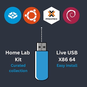 May include: A blue USB drive with the text "Home Lab Kit" and "Live USB X86 64" on a dark background. The image includes logos of various software platforms. The text "Curated collection" and "Easy install" are also present.
