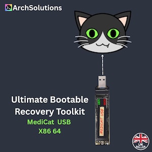 May include: A cartoon cat above a USB drive, part of the "Ultimate Bootable Recovery Toolkit". The USB stick is labelled "MediCat USB" and "X86 64". The background is a dark blue. A UK seller logo is in the bottom right.