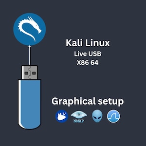May include: A blue USB drive with a Kali Linux logo and the text "Kali Linux Live USB X86 64" above it. Below the drive is the text "Graphical setup" with four icons: a rabbit, an eye with the text "NMAP", an alien, and a shark.