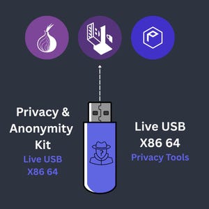 May include: A blue USB drive with an illustration of a person in a hat, labelled "Privacy & Anonymity Kit" and "Live USB X86 64". The image includes icons of an onion, a building, and a shield.