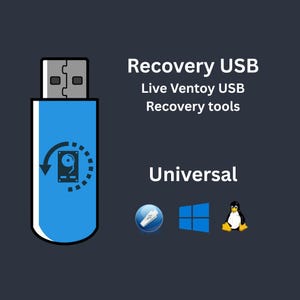 May include: A blue USB drive with a hard drive icon and an arrow pointing to it. The text "Recovery USB" is above the drive, followed by "Live Ventoy USB Recovery tools". The text "Universal" is below the drive, with icons for a USB drive, Windows, and Linux.