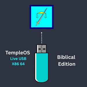 May include: A teal USB drive labelled "TempleOS Live USB X86 64" with "Biblical Edition" text. Above, a blue square contains a yellow scale and sword illustration. A dashed white arrow connects the two.