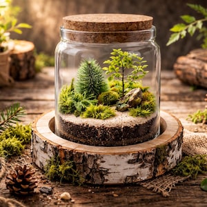 May include: A glass terrarium with a cork lid, featuring a miniature landscape with small trees, moss, and rocks. The terrarium sits on a birch bark base, surrounded by pine cones and greenery on a wooden surface.