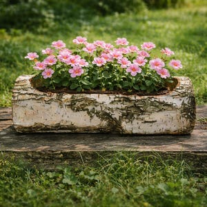 Plantenbak in de vorm van een boot van natuurlijk berkenhout – Rustieke houten bloempot, handgemaakte houten plantenbak, houder voor vetplanten, cadeau voor huisdecoratie