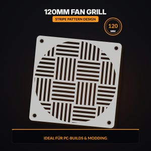 Könnte beinhalten: Quadratischer, hellgrauer 120-mm-Lüftergrill mit Streifenmuster. Der Grill hat eine kreisförmige Mitte mit einem gewebten Streifendesign und vier Befestigungslöchern. Der Text lautet "120MM FAN GRILL" und "STRIPE PATTERN DESIGN".