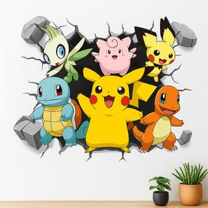 Pegatinas de pared de Pikachu de dibujos animados: decoración animada DIY para la habitación de los niños, el dormitorio, la sala de estar o la oficina. Póster de pared de Pikachu divertido y colorido.