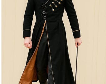 New Uniform Black  Mens Long Cossack Wool Frock Coat Men Russian Costume,
