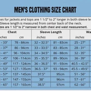 K&ouml;nnte beinhalten: Eine Gr&ouml;&szlig;entabelle f&uuml;r Herrenbekleidung mit Ma&szlig;en in Zoll und Zentimetern. Die Tabelle enth&auml;lt Brust-, &Auml;rmel- und Taillengr&ouml;&szlig;en von XS bis 5XL. Der Text oben lautet "MEN'S CLOTHING SIZE CHART."