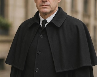 メンズ ブラックウール インバネスケープ - 長袖 ビクトリア朝風