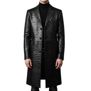 Herren Schwarz Krokodil Prägeleder Mantel | Luxus Langer Trenchcoat