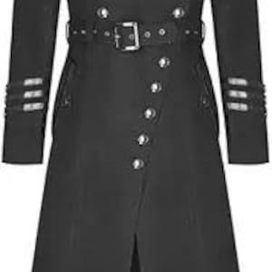 May include: A black long coat featuring a high collar with three buttons, double-breasted silver-toned buttons, and a matching belt at the waist. The sleeves have three horizontal silver bands, and the hem features two horizontal silver bands.