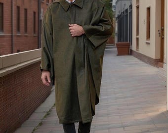 Handgefertigter Viktorianischer Grüner Loden Woll Cape Mantel: Herren Winter Oberbekleidung