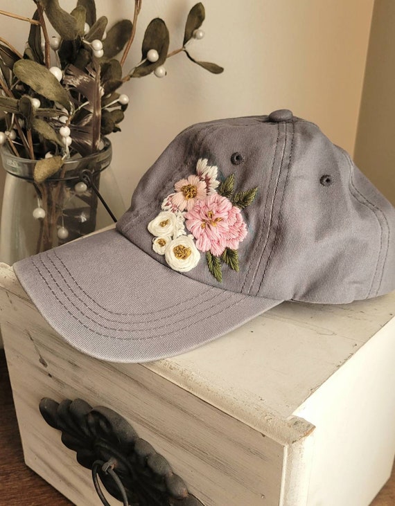 Floral Embroidered Gray Hat Wash Cotton Baseball Cap, Large Hand Embroidered Flower Hat  main image 2