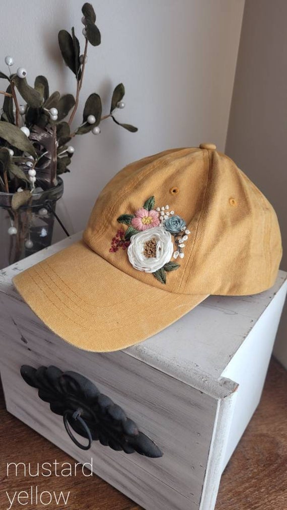 Mustard Yellow Floral Embroidered Ponytail Hat - Etsy display picture 2
