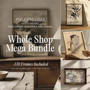 May include: A collection of framed art prints, including botanical and abstract designs. The image features a large framed landscape print with the text "Whole Shop Mega Bundle" and "+130 Frames Included". The prints are in various sizes and styles, suitable for home decor.