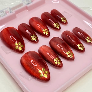 Red Cat Eye Press On Nails: Gold Flower Handmade Reusable Nail Set