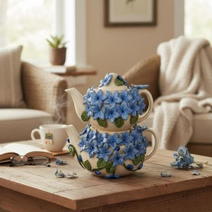 Conjunto de bules de chá artesanais com hortênsia azul – Conjunto de bules de chá de cerâmica com estampa floral | Presente exclusivo para amantes de chá